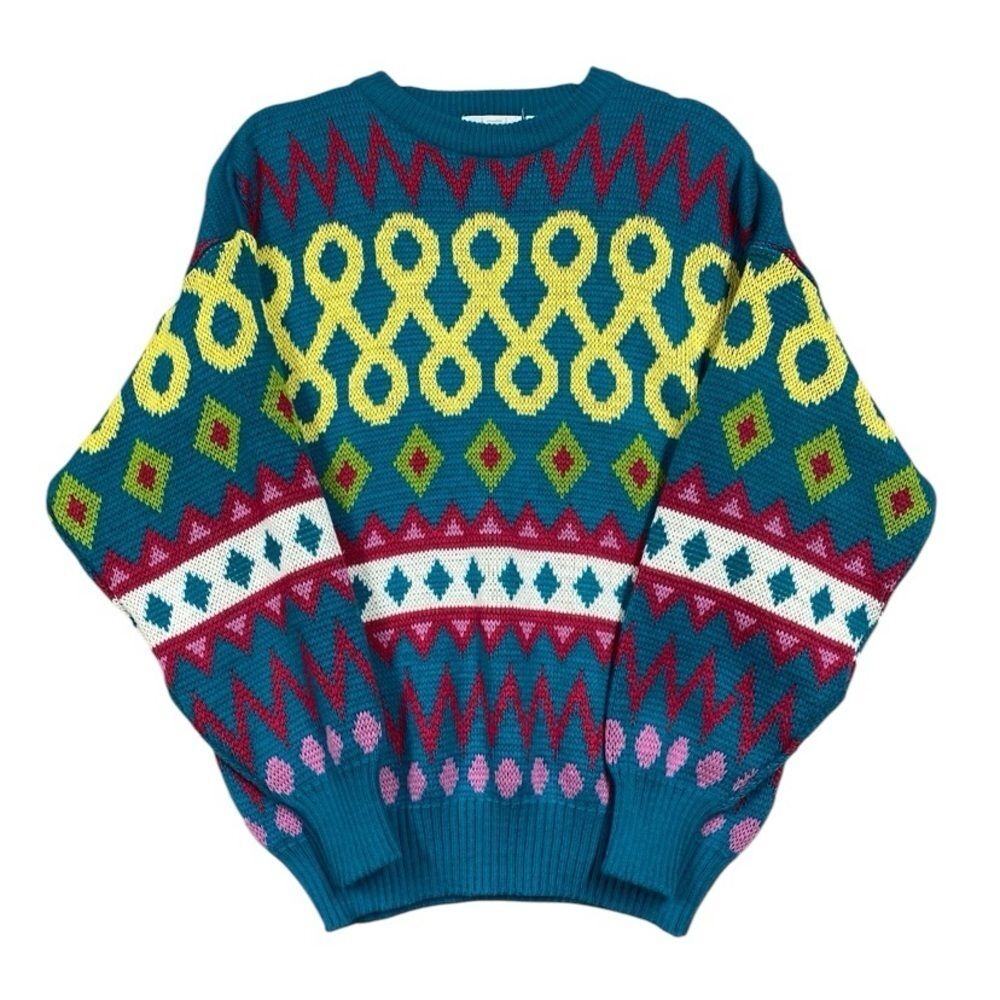 Vintage Chateau Quirky Colorful Artsy Geometric Knit Sweater Oversized Size S